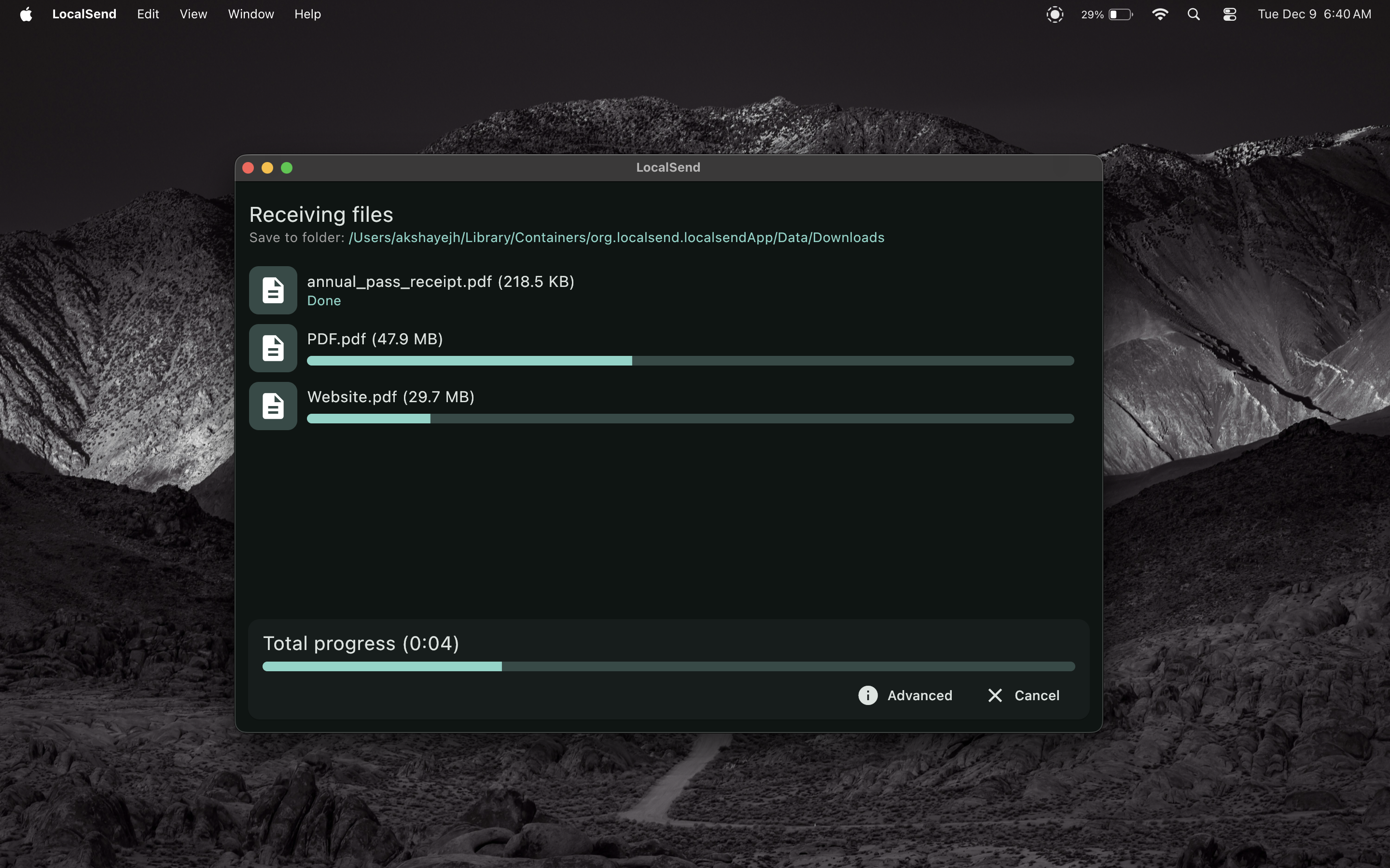 Captura de LocalSend mostrando el envío de archivos en red local