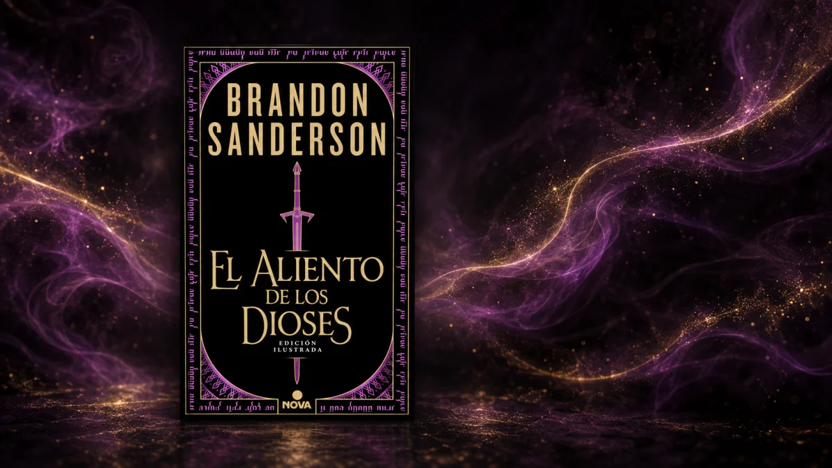 El aliento de los dioses, edición ilustrada Portada de El aliento de los dioses sobre un fondo de alientos púrpura y dorados